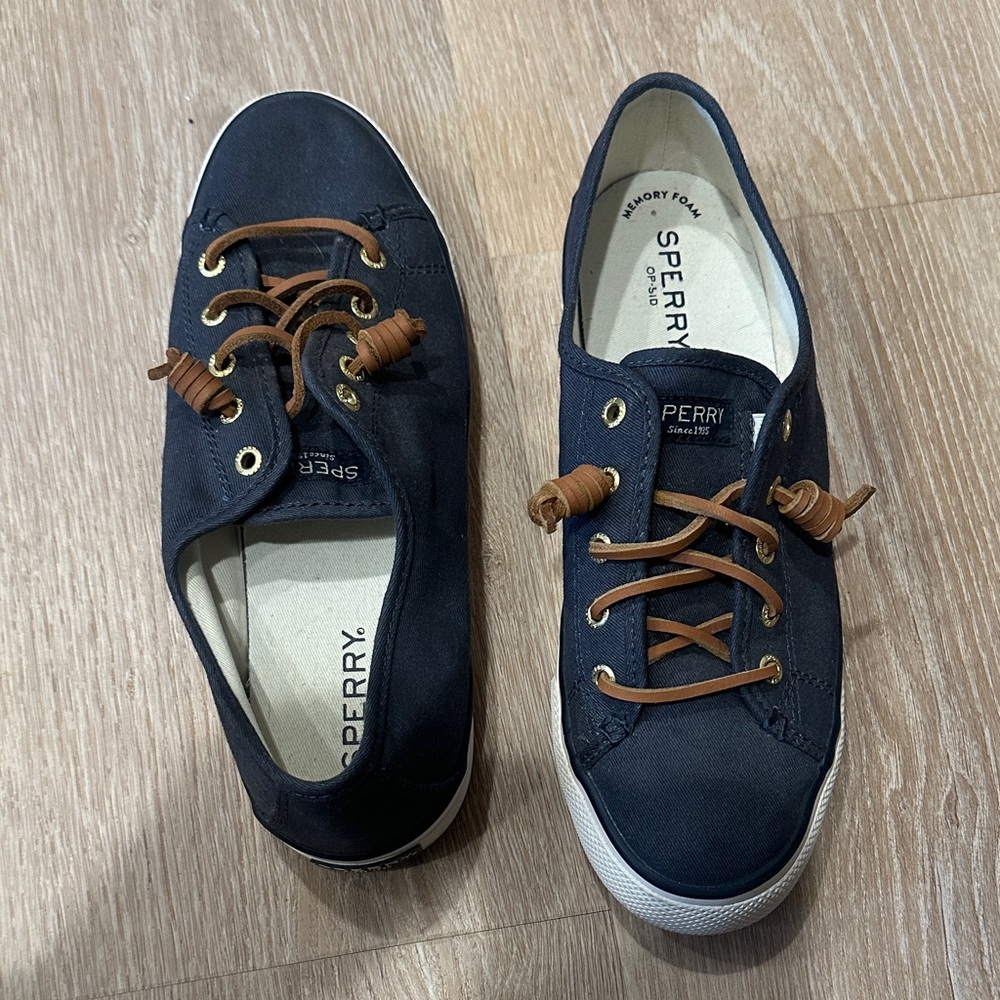 Women’s Sperry Top Sliders - Dark Blue Canvas Shoes with Brown Laces